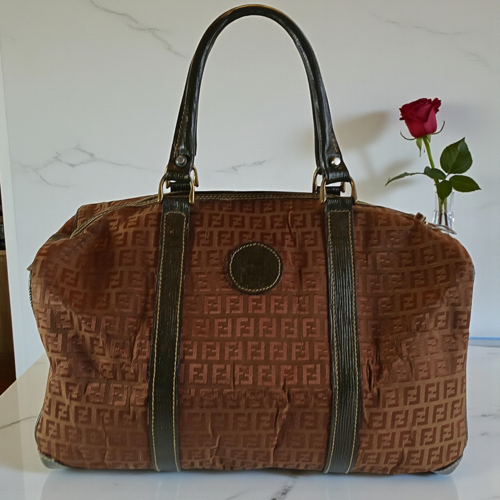 Authentic Fendi Vintage Zucca Logo Boston Duffle Bag Leather Trim Coa/Dust Bag